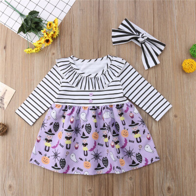 

Toddler Kids Baby Girl Dress Stripe Cartoon Pattern Long Sleeve Ruffled Comfy Dress Clothes