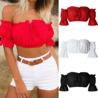 

AU Women Girl Sexy Short Sleeve Boat Neck Crop Bandeau Tops Off Shoulder T-Shirt