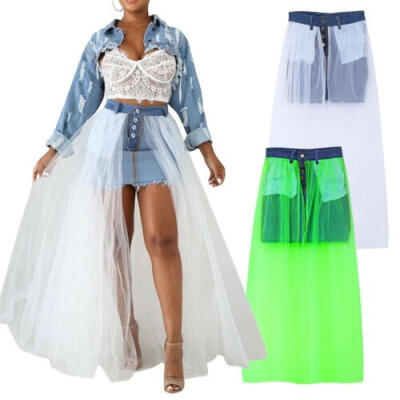 

Women High Waist Demin Skirt With Tulle Cover Up Mesh Skirt Dress Sheer Wrap