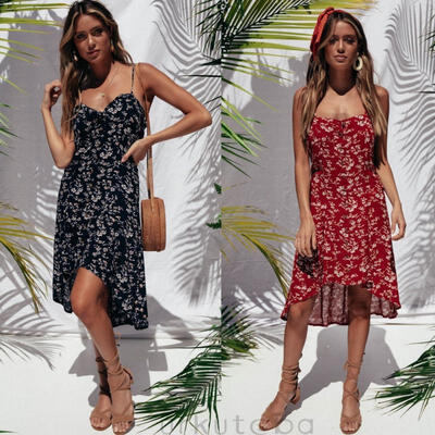 

Women V Neck Sleeveless Long Maxi Boho Floral Print Spaghetti Strap Casual Beach Dress