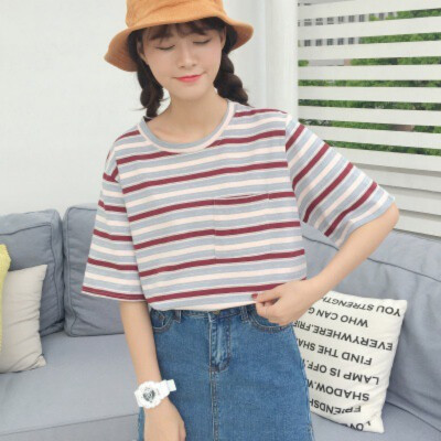 

Women Casual Striped Print O Neck Short Sleeve Loose T-Shirt Women Tshirt Loose Korean Style Tshirt camiseta mujer