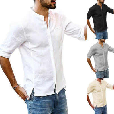 

Fashion Mens Cotton Linen Tops Long Sleeve Casual Slim Fit Shirt V-Neck T-shirts