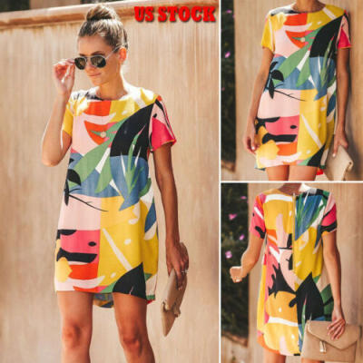 

Womens Long Tunic Top Shirt Blouse Casual Short Sleeve Party Evening Mini Dress