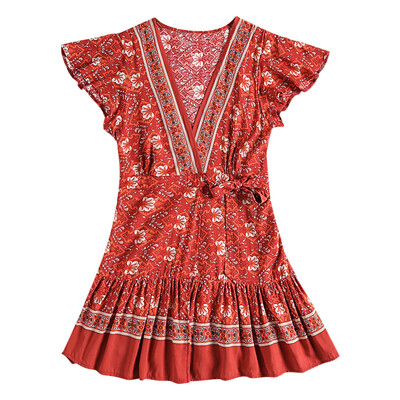 

Plunge Neck Short Sleeve Floral Print Pleated A-line Women Wrap Dress