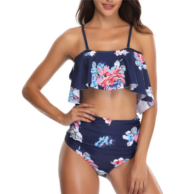 

Roseonmyhand Women Padded Ruffles Leaves Print Beach High Waist Suit Bikini Swimwear Plus