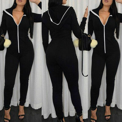 

Womens Slim Hoodie Fit Jumpsuit Chest Zipper Bodycon Rompers V-neck Bodysuit