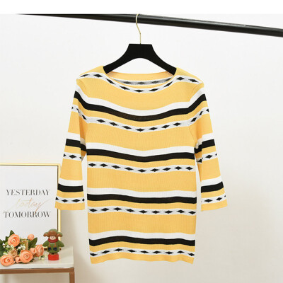 

Womens Sweater Autumn Stripe Slim Seven Sleeve Pullover Female O-Neck Winter Bottoming Knitwear Korean Knitted Sweaters