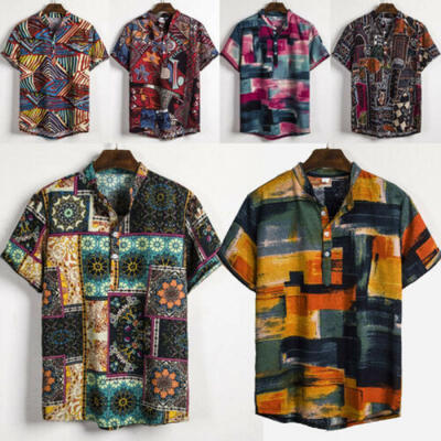 

Men Linen Short Sleeve Shirt Summer Hawaii Floral Loose Casual V-Neck Shirts Top