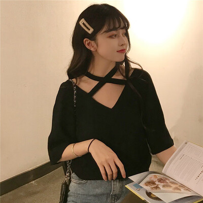 

Top Women Crisscross T Shirt Summer Bandage Sexy V Neck Casual Lady Female Brand T Shirt Lady T Shirt Solid Basic
