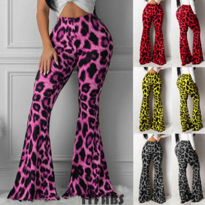 

New Womens Flared Leg Stretchy Pants Bell Bottom Leopard Long High Waisted Long