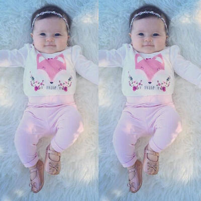 

2PCS Baby Girls Newborn Cotton Romper TopsPants Leggings Pink Fox Outfits Set