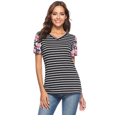 

Print Striped Patchwork Female T-shirt Sexy V Neck T-shirt Short Sleeve Plus Size Floral T-Shirt Women Summer Tee Causal Top