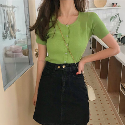 

Square Collar High Waist Lady Short Knit Short-Sleeved Womens Shirt