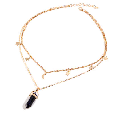 

Fashion Natural Opal Stone Moon Star Choker necklaces for Women Gold Color Double Layer Crystal Pendant Necklace Jewelry