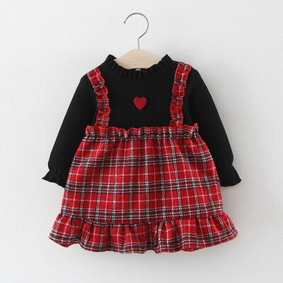 

Toddler Baby Kids Girls Patchwork Ruched Ruffles Plaid Love Print Dress Clothes