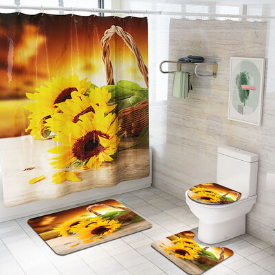 

Gobestart Sunflower Shower Curtain Floor Mat Four-piece Bathroom Mat Set
