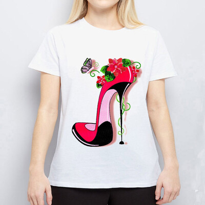 

Starmoon Women Personality High Heel Cartoon Print Round Neck Short Sleeved White T-shirt