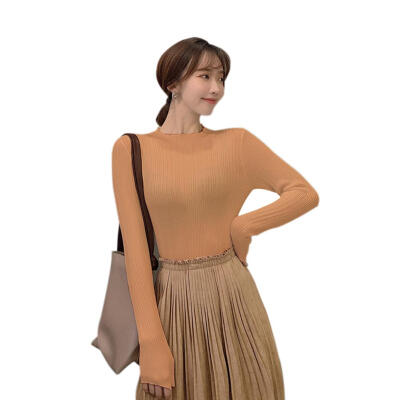 

Solid Color Knitted Sweater Elastic Women Long Sleeve Slim Bottoming Tops