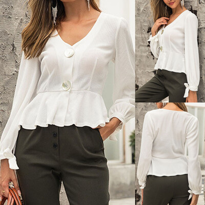 

Gobestart Women Casual V-neck Solid Ruffles Button Lantern Sleeve Tops Blouse T-shirt
