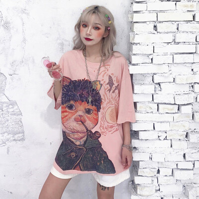 

Harajuku Style Japanese Women Cartoon T Shirts Oversize Short SleevesHip Hop Streetwear White Tees Kawaii Cute Cotton Tops