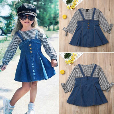

US Princess Dresses Plaid Denim Dress Party Casual Kids Girl Clothes One-Piece