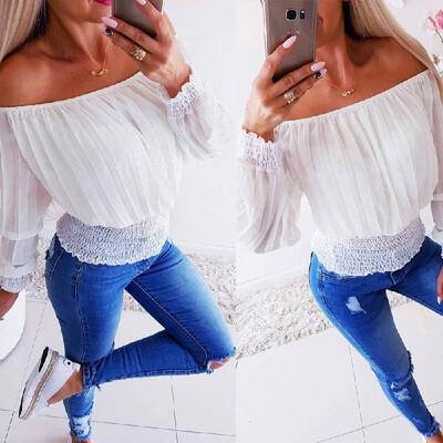 

Europe&the United States summer explosion models Amazon hot tops feature loose word shoulder chiffon wrinkled shirt ZC3327 whi