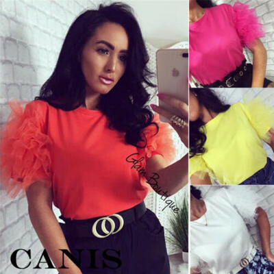 

Women Summer Tulle Ruffle Short Sleeve T Shirt Loose Casual Blouse Top Size 6-14