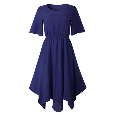 

Solid Color Irregular Elastic Dress Women O-neck Short Sleeve Tunic Dresses