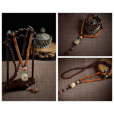 

Handmade Nepal Jewelry Buddhist Mala Wood Beads Pendant Necklace Ethnic Horn Fish Long Statement Necklace For Women Men