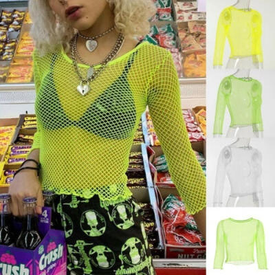 

Women&39s Summer Long Sleeve Tee Blouse Casual Front Crop Top Mesh Sexy T-Shirt