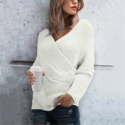 

Women Casual Office Slim Fit Solid Color Sweater Tops Cross V-Neck Long Sleeve