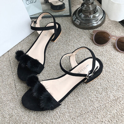 

Sandals female fairy wind summer womens shoes Korean version of wild thick with a word wool ball night shoes gentle shoes