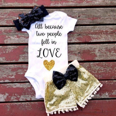 

3Pcs Baby Girl Summer Short Sleeve Tops Romper Sequin Pants Outfits Set Clothes