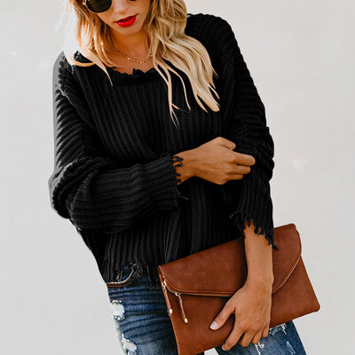 

Nomeni Women V-Neck Long Sleeve Knitted Pullover Loose Sweater Jumper Short Tops
