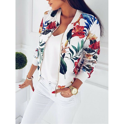 

Fashion Womens Ladies Retro Floral Zipper Up Bomber Jacket Casual Coat Outwear
