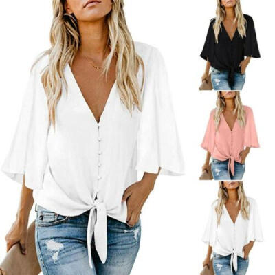 

Plus Women Solid Ruffle Sleeve Loose Blouse Baggy Tops Ladies V Neck T Shirt AB