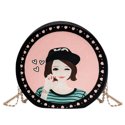 

Cartoon Printed Women Round Shoulder Bags Girls Leather Chain Messenger Bag