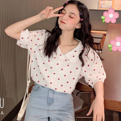 

Women Cartoon Strawberries Print Blouses Sweet Women Short Sleeve Shirt Peter Pan Collar Korean Casual Blouse Tops Fresh Style