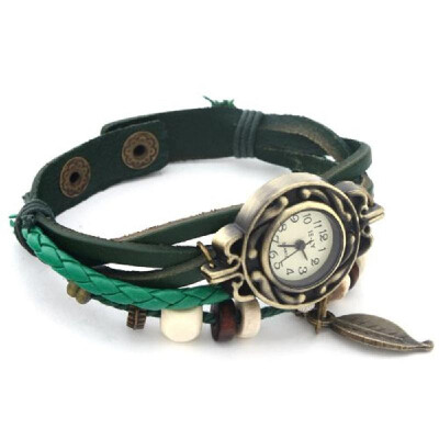 

Leaf Charm Lady Watch Bracelet Vintage PU Leather Strap Wristwatch Hand Knit Retro Quartz Analog Casual Watches