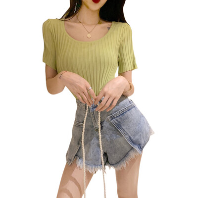 

Women Summer Concise Solid Color T Shirt U-shape Collar Short Sleeve Slim Fit T-shirts