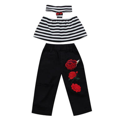 

Fashion Toddler Kids Girls Stripe Tops Flower Pants Leggings Outfits Set Clothes