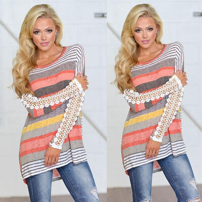 

Women Casual Lace Spliced Long Sleeve Colorful Striped Blouse Shirt T-Shirt Top