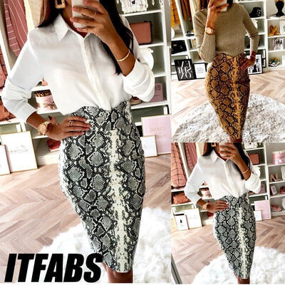 

Women Bodycorn High Waist Snake Print Pencil Skirt Tube Knee Length Work Club