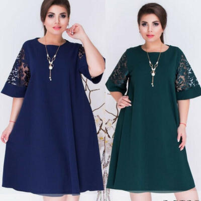 

Women Short Sleeve Loose Lace Hollow Out Casual Tops Skirt Dress Big Plus Size