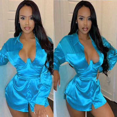 

Tailored Fashion Women Sexy Full Sleeve V Neck Solid Button Pullover Party Mini Dress