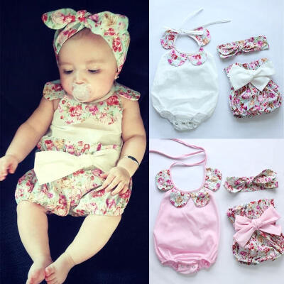 

Newborn Baby Girls Romper BodysuitShort&ltwbr &gts Bottoms 3pcs Outfits Set Sunsuit 0-24M