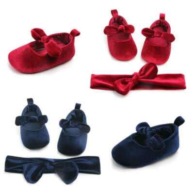 

US Newborn Baby Girl Soft Gold Velvet Shoes with Hairband Infant Bowknot 0-18M
