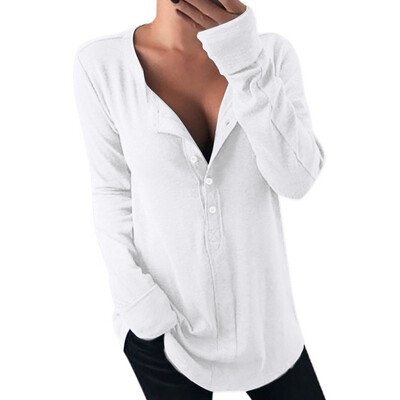 

Autumn&Winter Solid Color Long Sleeved T Shirt Women V Neck Button Tops
