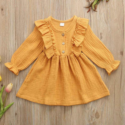 

Toddler Baby Girl Ruffle Long Sleeve Dresses Fall Cotton Linen Solid Cute Princess Party Tutu Dress Casual Outfits