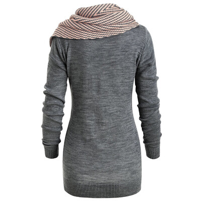 

Toponeto Women Striped Buttons Scarf Skew Neck Long Sleeve Knitted Sweater Pullover Coat